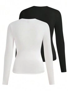 SHEIN Franclia 2入組素色圓領T恤 - 黑與白 - 查看 2