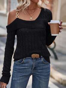 SHEIN Privé Chain Detail Asymmetrical Neck Cable Knit Sweater - Black - View 4