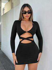 SHEIN SXY 性感俱樂部服女式性感十字交叉肩帶緊身連身裙 - 黑色 - 查看 6