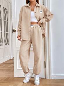 SHEIN EZwear Thư được vá Thả vai Vải to sợi Áo sơ mi & Quần - Màu be - Xem 1