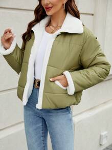 SHEIN LUNE 博格领泰迪熊衬垫加厚外套衣服冬季 - 綠色 - 查看 4