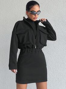 SHEIN Cottnline Flap Pocket Drop Shoulder Zip Up Dress - Black - View 1