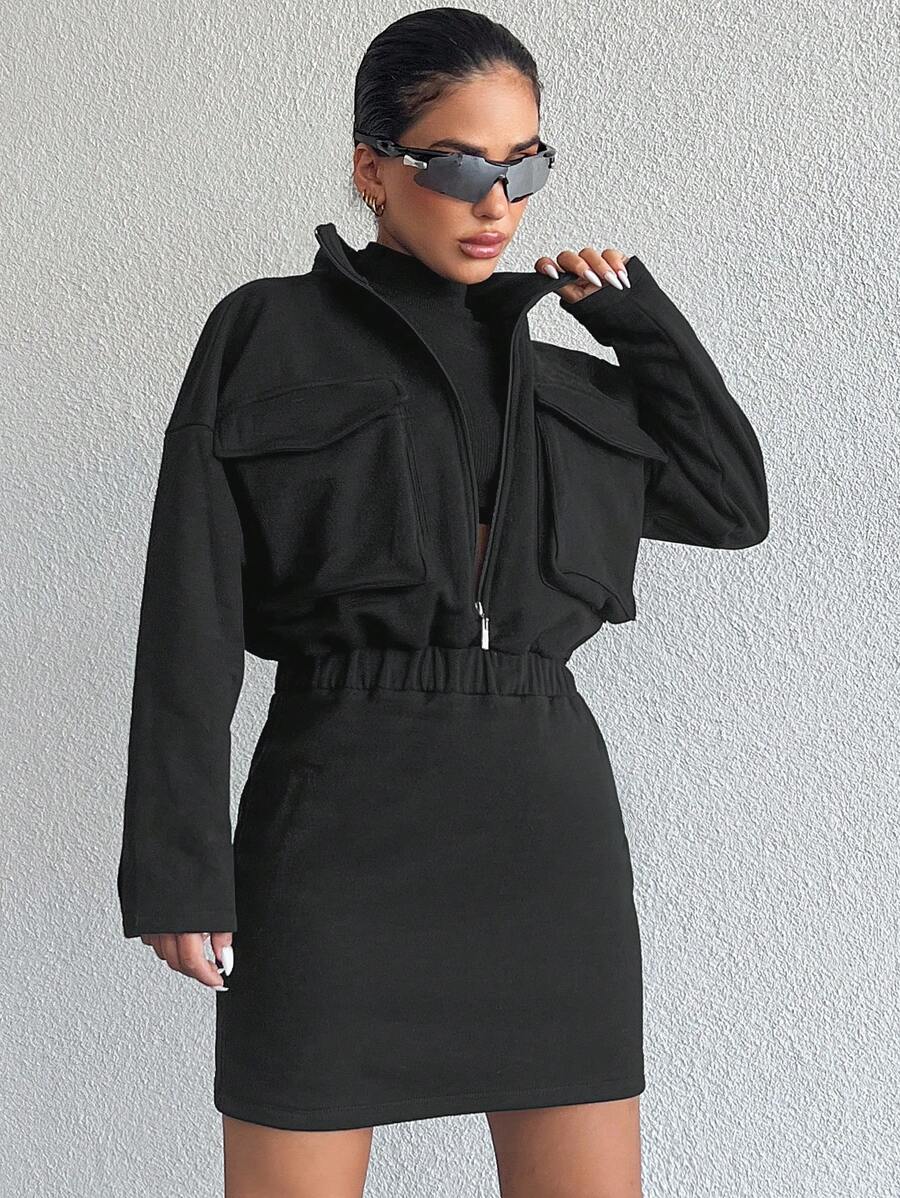 SHEIN Cottnline Flap Pocket Drop Shoulder Zip Up Dress - Black - View 1
