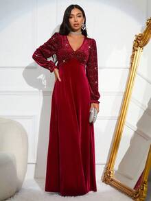 Vestido De Cuello En V Para Mujer Con Detalles De Pedrería - Burdeos - Ver 5