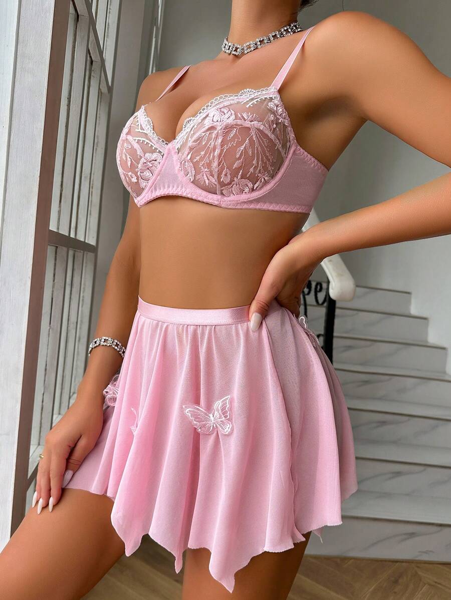 蕾絲拼接鋼圈內衣套裝 - 粉色 - 查看 1