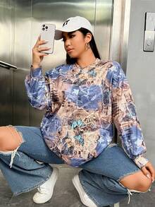 SHEIN EZwear Plus Butterfly Print Drop Shoulder Sweatshirt - Dark Grey - View 3