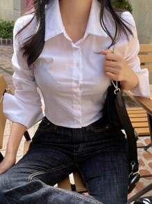 DAZY 女士商务休闲纯色长袖衬衫，适合秋季，长袖上衣，学院风上衣，秋季女装 - 白色 - 查看 1