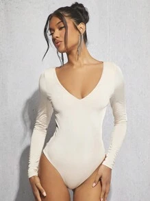 SHEIN BAE Solid V Neck Bodysuit - Apricot - View 1