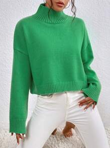 SHEIN LUNE High Neck Drop Shoulder Sweater - Mint Green - View 3