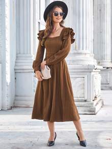 方領荷葉邊A字洋裝 - 棕色 - 查看 5