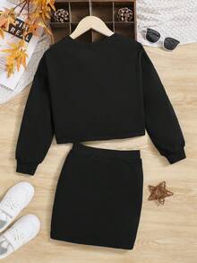 SHEIN 女大童字母貼布落肩袖套頭衫&半身裙 - 黑色 - 查看 2