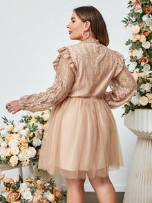 Plus Size Women's Summer New Elegant Mini Mesh Dress, Delicate Lace Patchwork A-Line Flare Hem Dress, Suitable For Wedding, Party, Birthday Spring - Champagne - View 3