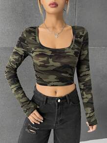 SHEIN EZwear 迷彩針織女士t恤 - 軍綠色 - 查看 6