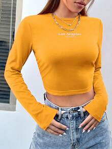 SHEIN EZwear Letter Graphic Crop Tee - Yellow - View 3
