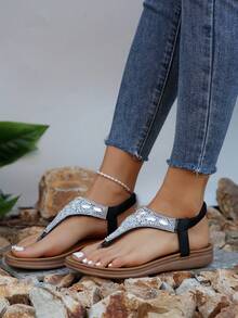 女式水钻花朵平底罗马沙滩凉鞋，2023 年新品上市 - 棕色 - 查看 3