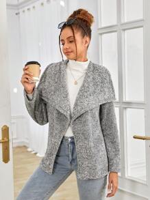 SHEIN 青少年女孩大翻領開門襟搖粒絨外套 - 灰色 - 查看 6