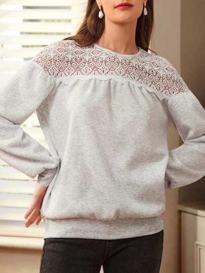 SHEIN Frenchy 女式蕾絲拼接寬鬆運動衫,掉肩設計