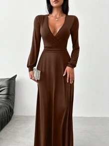 EURMUSE Deep V-neckline Slit Up To Thigh Length Dress - Brown - View 3