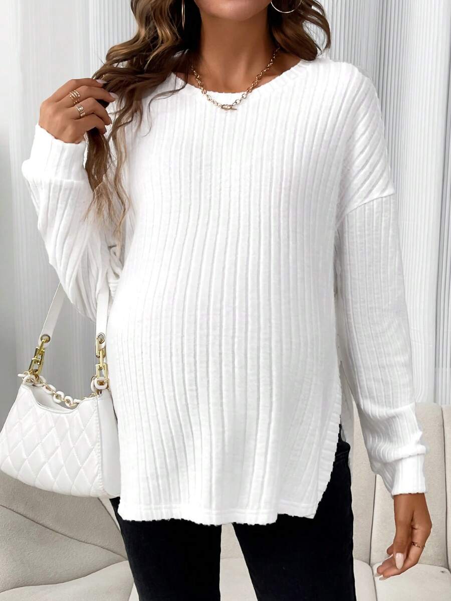 SHEIN Maternity Drop Shoulder Split Hem Tee With Long Sleeve - White - View 1