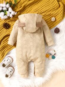 Baby Boy Cartoon Graphic 3D Ear Design Button Front Hooded Jumpsuit - Multicolor - View 2