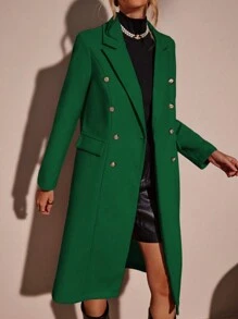 SHEIN Clasi 冬季双排扣纯色大衣 - 綠色 - 查看 1