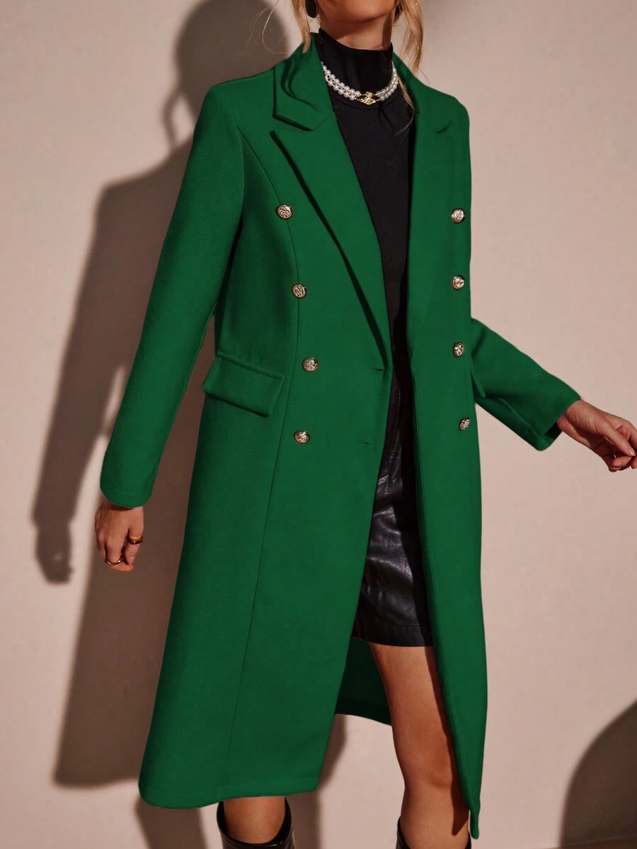 SHEIN Clasi 冬季双排扣纯色大衣 - 綠色 - 查看 1