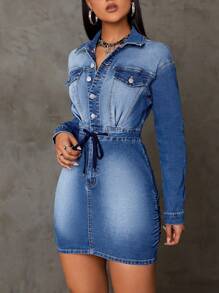 SHEIN Privé Flap Detail Drawstring Waist Ruched Side Denim Dress - Light Wash - View 5