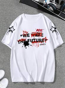 Manfinity Roughcore Men Slogan Graphic Short Sleeve Tee, Street Wear, Boyfriend Gift, For Going Out - White - View 3