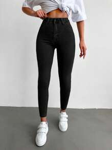 EURMUSE 96% Cotton High Waist Skinny Cropped Jeans - Dark Grey - View 5