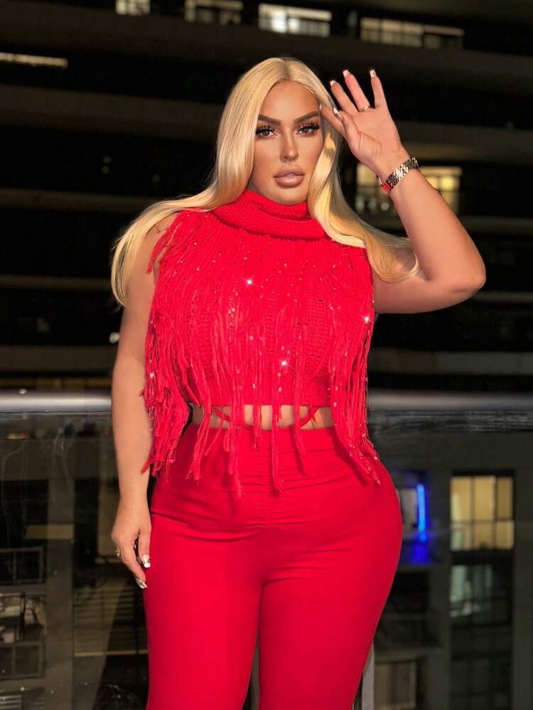 Christmas & New Year Gift Dress. Women'S Red Vest Fringe Design High Collar Sleeveless Knitwear For Plus-Size