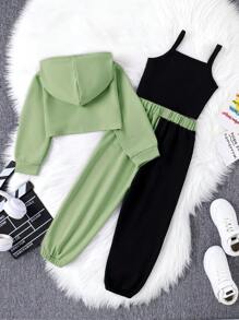 SHEIN 女小童字母圖案不對稱下擺連帽衫和運動褲&吊帶上衣 - 綠色 - 查看 2