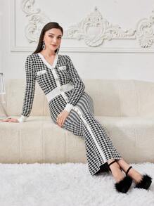 Modelyn Women's Color Block Knitted Sweater Dress With Houndstooth Pattern