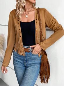SHEIN VCAY Xu hướng: Cắt giảm Fringe Hem Mở Mặt trước Áo khoác - màu nâu - Xem 6
