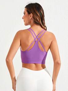 Yoga Trendy Ruched Front Crisscross Back Sports Bra - Purple - View 2