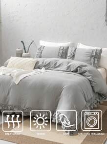 浅灰色荷叶边被套套装，波西米亚农舍风格床上用品，可选单人/双人/特大号尺寸，波西米亚复古时尚风格，三件套，超柔软透气超细纤维被套，1 个拉链封口被套，2 个枕套，不含被芯，男女皆宜，学生理想之选 - 淺灰色 - 查看 8