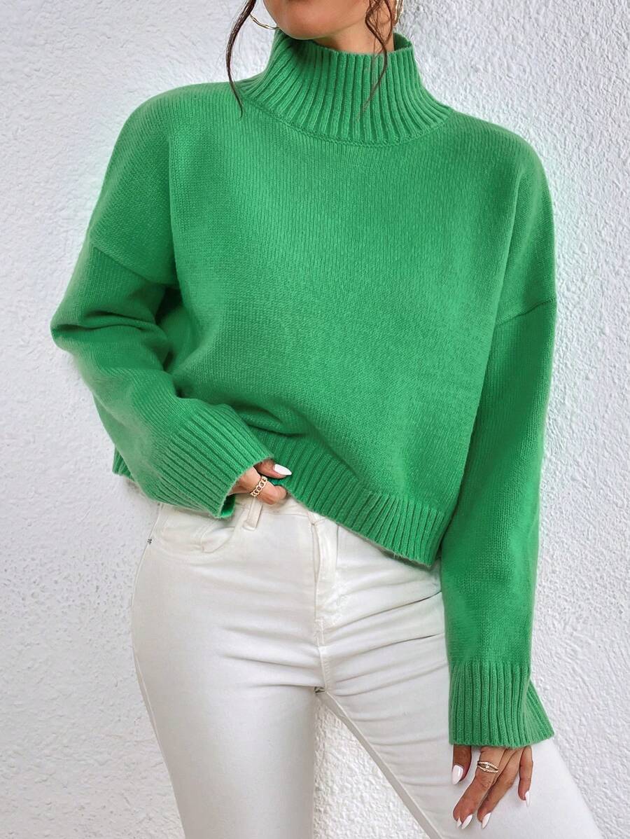 SHEIN LUNE High Neck Drop Shoulder Sweater - Mint Green - View 1