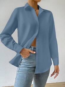 SHEIN EZwear Chất rắn Nút phía trước Áo sơ mi - Màu xanh bụi bặm - Xem 3