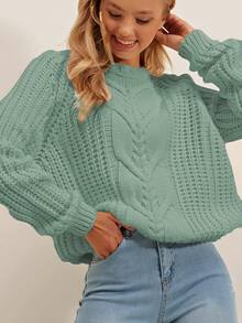 EURMUSE Solid Raglan Sleeve Cable Knit Sweater - Green - View 4