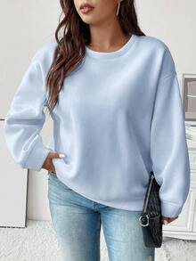 Flirla 大碼標語圖案落肩袖運動衫 - 淺藍色 - 查看 5