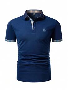 Manfinity Homme 男款大尺碼 Polo 衫,附字圖案和格紋飾邊 - 藍色 - 查看 3