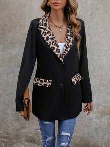 SHEIN LUNE 豹紋印花尖領西裝外套 - 黑色 - 查看 6