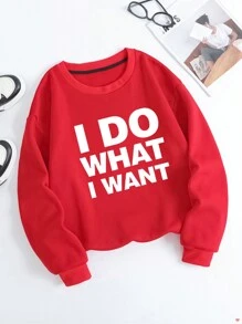 SHEIN Essnce 女款落肩標語印花抓絨運動衫 - 紅色 - 查看 1