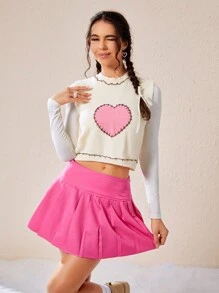 SHEIN EZwear 女款無袖毛衣背心,心型刺繡與褶邊領口細節