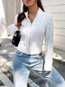 SHEIN Unity Zip Up Cable Knit Cardigan - White - View 4