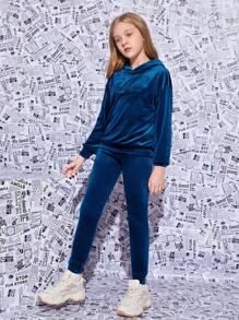 SHEIN Tween Girl Letter Embroidery Drop Shoulder Velvet Hoodie & Sweatpants - Teal Blue - View 4