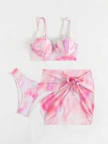 Swim Vcay Summer Beach Tie Dye Push Up Bikini Set With Beach Skirt - Multicolor - View 3