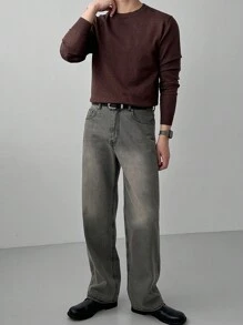 DAZY 男士純色圓領毛衣 - 咖啡棕 - 查看 4