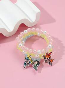 The Powerpuff Girls | ROMWE 3入組卡通女孩吊墜串珠手鏈 - 彩色 - 查看 2