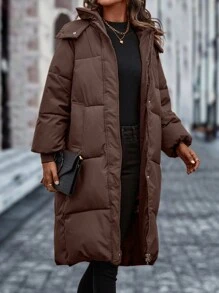 女士纯色拉链连帽长款休闲加厚棉服外套，适合冬季服装 - 彩色 - 查看 1