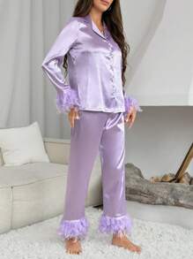 Fuzzy Trim Satin PJ Set / Pajama Set - Purple - View 8